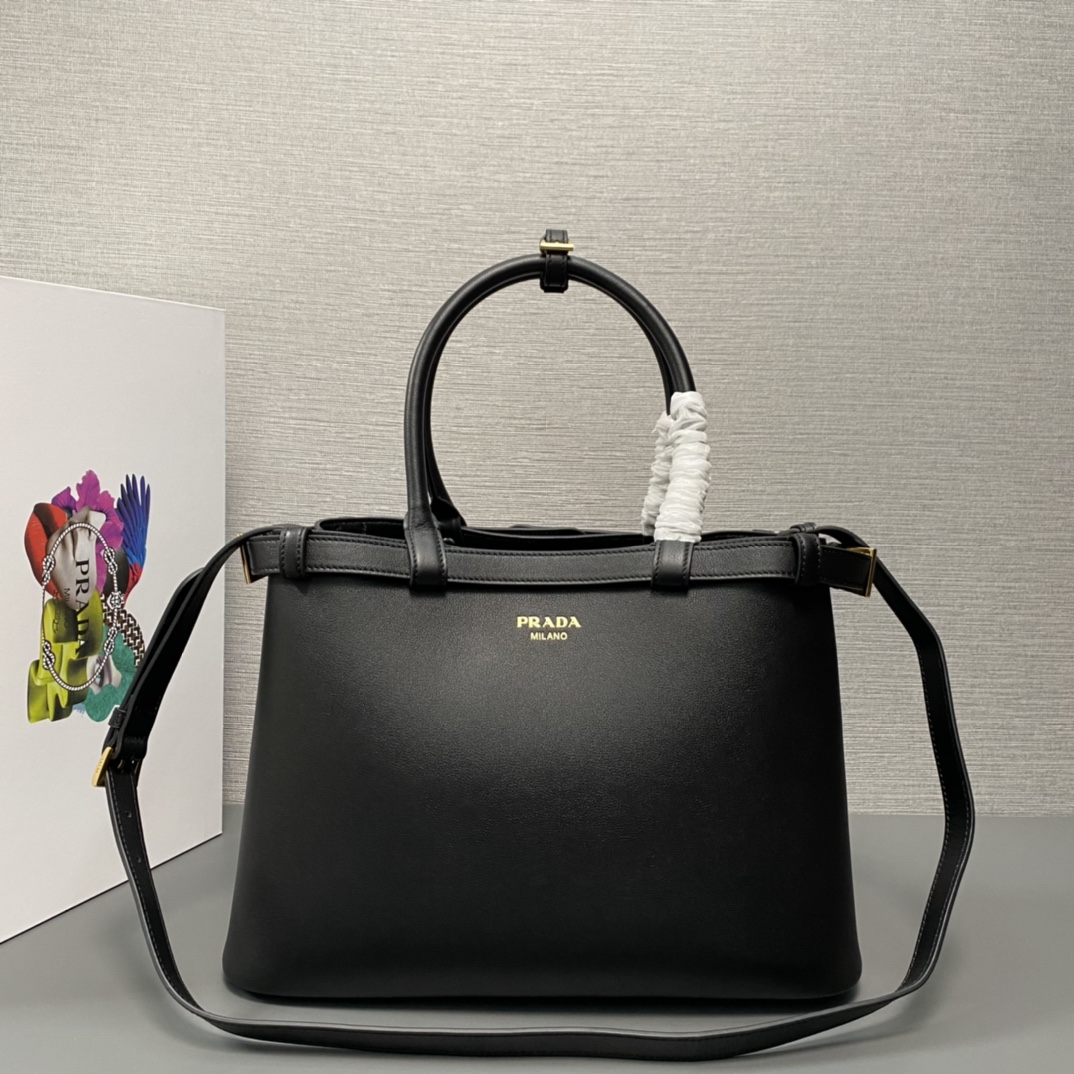 Prada Medium Buckle Leather Handbag Shoulder Bag With Double Belt Black 1BA417